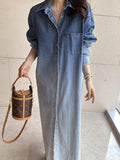 Amfeov Lapel Gradient Smudge Loose Long Sleeve Denim Dress