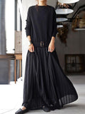 Amfeov Belt Solid Pullover Knit Panel Pleated Dress