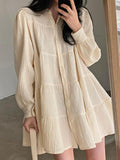 Amfeov Lapel Pleated Loose Puff Sleeve Short Shirt Dress