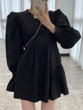 Amfeov Simple Black Loose Puff Sleeve Short Shirt Dress