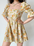 Amfeov Vintage Fruit Print Square Neck Puff Sleeve Dress