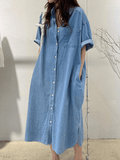 Amfeov Vintage Lapel Single Breasted Casual Pocket Denim Dress