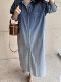 Amfeov Lapel Gradient Smudge Loose Long Sleeve Denim Dress