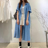 Amfeov Vintage Lapel Single Breasted Casual Pocket Denim Dress