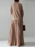 Amfeov Belt Solid Pullover Knit Panel Pleated Dress