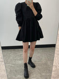 Amfeov Simple Black Loose Puff Sleeve Short Shirt Dress