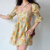 Amfeov Vintage Fruit Print Square Neck Puff Sleeve Dress