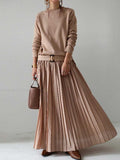 Amfeov Belt Solid Pullover Knit Panel Pleated Dress