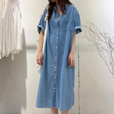 Amfeov Vintage Lapel Single Breasted Casual Pocket Denim Dress