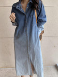 Amfeov Lapel Gradient Smudge Loose Long Sleeve Denim Dress