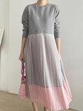 Amfeov Loose Contrast Panel Pleated Long Dress