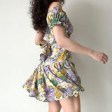 Amfeov Ancient Oil Painting Floral Puff Sleeve Short Sleeve Dress