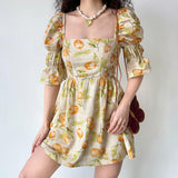 Amfeov Vintage Fruit Print Square Neck Puff Sleeve Dress