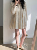 Amfeov Lapel Pleated Loose Puff Sleeve Short Shirt Dress