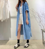 Amfeov Vintage Lapel Single Breasted Casual Pocket Denim Dress