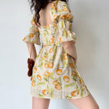 Amfeov Vintage Fruit Print Square Neck Puff Sleeve Dress