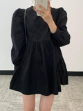 Amfeov Simple Black Loose Puff Sleeve Short Shirt Dress