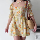 Amfeov Vintage Fruit Print Square Neck Puff Sleeve Dress