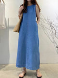 Amfeov Simple Backless Loose Denim Dress