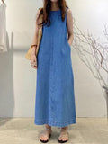 Amfeov Simple Backless Loose Denim Dress