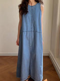 Amfeov Loose Sleeveless Split-joint Denim Dress