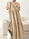 Amfeov Simple Round Neck Loose Puff Sleeve Pleated Dress