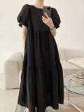 Amfeov Simple Round Neck Loose Puff Sleeve Pleated Dress