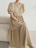 Amfeov Simple Round Neck Loose Puff Sleeve Pleated Dress