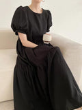 Amfeov Simple Round Neck Loose Puff Sleeve Pleated Dress