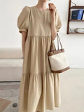 Amfeov Simple Round Neck Loose Puff Sleeve Pleated Dress