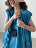 Amfeov Drawstring Flying Sleeves A-line Blue Dress