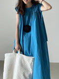 Amfeov Drawstring Flying Sleeves A-line Blue Dress