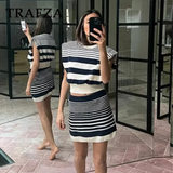 cold weather outfits Amfeov 2024 Spring Summer Casual Knitted Striped Women Suit Fashion Vintage O Neck Sleeveless Short Tops+Chic Short Pencil Skirt