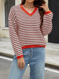 christmas outfit Amfeov Long Sleeves Loose Contrast Color Jacquard Striped V-Neck Pullovers Sweater Tops