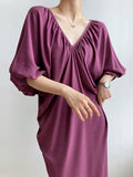 Amfeov V-Neck Pleated Backless Doll Sleeve Dress