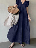 Amfeov Fly-sleeve Denim Tie Back V-Neck Long Dress