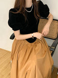 Amfeov Vintage Crew Neck Puff Sleeve Irregular Pleated Dress