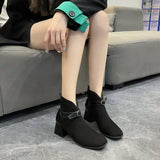 Amfeov Autumn Women Ankle Boots Black Chunky High Heel Color Matching Buckle Bota Back Zip Casual Female PU Learther Botines Chelsea