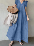 Amfeov Fly-sleeve Denim Tie Back V-Neck Long Dress