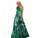 Amfeov Spring New Women Clothing   Digital Printing Leaves Patchwork Cold-Shoulder Printing Maxi Dress