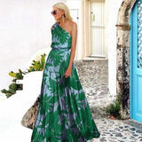 Amfeov Spring New Women Clothing   Digital Printing Leaves Patchwork Cold-Shoulder Printing Maxi Dress