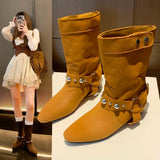 Amfeov 2024 New Autumn Women's Suede Ankle Boots Studded Low Heel Party Shoes Women's Denim Short Boots Classic  Zapatos