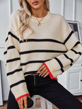 christmas outfit Amfeov Long Sleeves Loose Contrast Color Split-Joint Striped Round-Neck Pullovers Sweater Tops