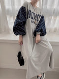 Amfeov Letter Print Patchwork Lantern Sleeve Sweatshirt Dress