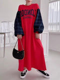 Amfeov Letter Print Patchwork Lantern Sleeve Sweatshirt Dress