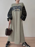 Amfeov Letter Print Patchwork Lantern Sleeve Sweatshirt Dress