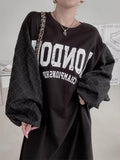 Amfeov Letter Print Patchwork Lantern Sleeve Sweatshirt Dress