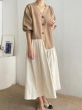 Amfeov Loose V-Neck Split-joint Khaki Dress