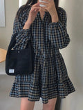 Amfeov Vintage Plaid Puff Sleeve Dress