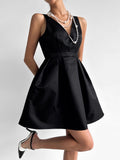 Amfeov Elegant V-Neck Open Back High Waist Little Black Dress